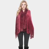 Rhinestone Embellished Fringe Faux Fur Poncho Wrap