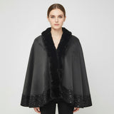 Faux Fur Trim Rhinestone Embellished Hem Poncho Shawl