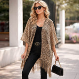 Lightweight Sheer Leopard Pattern Fringe Hem Kimono Cover Up