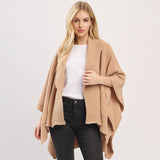 Ribbed Trim Open Front Soft Knit Shawl Cape Poncho