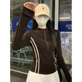 Women's Retro Short Fit Half Zip Long Sleeve T-Shirt