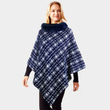 Patterned Faux Fur Collar Poncho