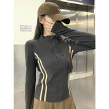 Women's Retro Short Fit Half Zip Long Sleeve T-Shirt
