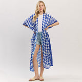 Houndstooth Print Open Front Long Kimono Poncho