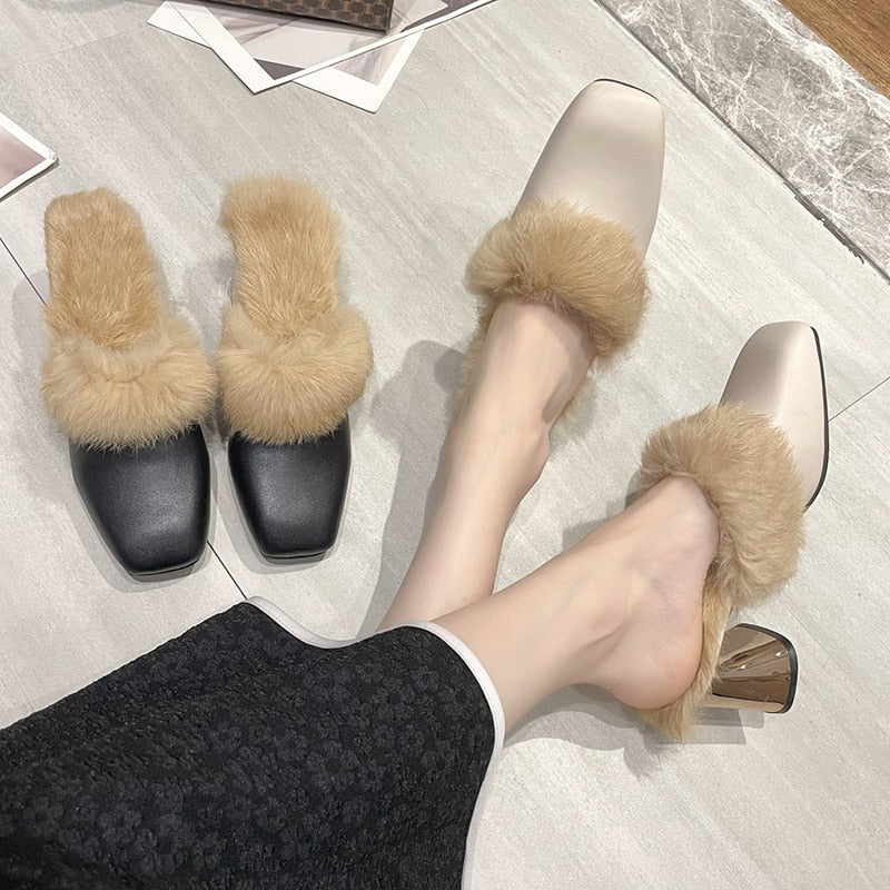 Faux Fur Mules Heels - AfterAmour