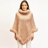 Textured Faux Fur Trim Cape Poncho