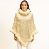 Textured Faux Fur Trim Cape Poncho