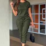 Set of workwear, short sleeved top, ankle tied pants set