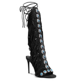 suede tassel jewel lace-up high heels - AfterAmour