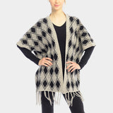 DIAMOND PATTERN FRINGE TRIM PONCHO SHAWL