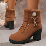 Knit Cuff Lace-Up Heeled Boots