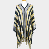 STRIPED FRINGE EDGE PONCHO SWEATER