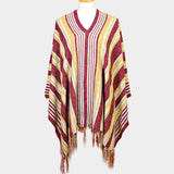 STRIPED FRINGE EDGE PONCHO SWEATER