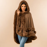 Faux Fur Trim Hooded Elegant Drape Cape Poncho