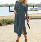 Spring Cotton Linen Oversize Women's Long Dress Black O-neck Pockets Side Split Loose Dresses Female Casual Ladies Clothes
