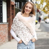 Faux Fur Trim Leopard Pattern Shawl Wrap