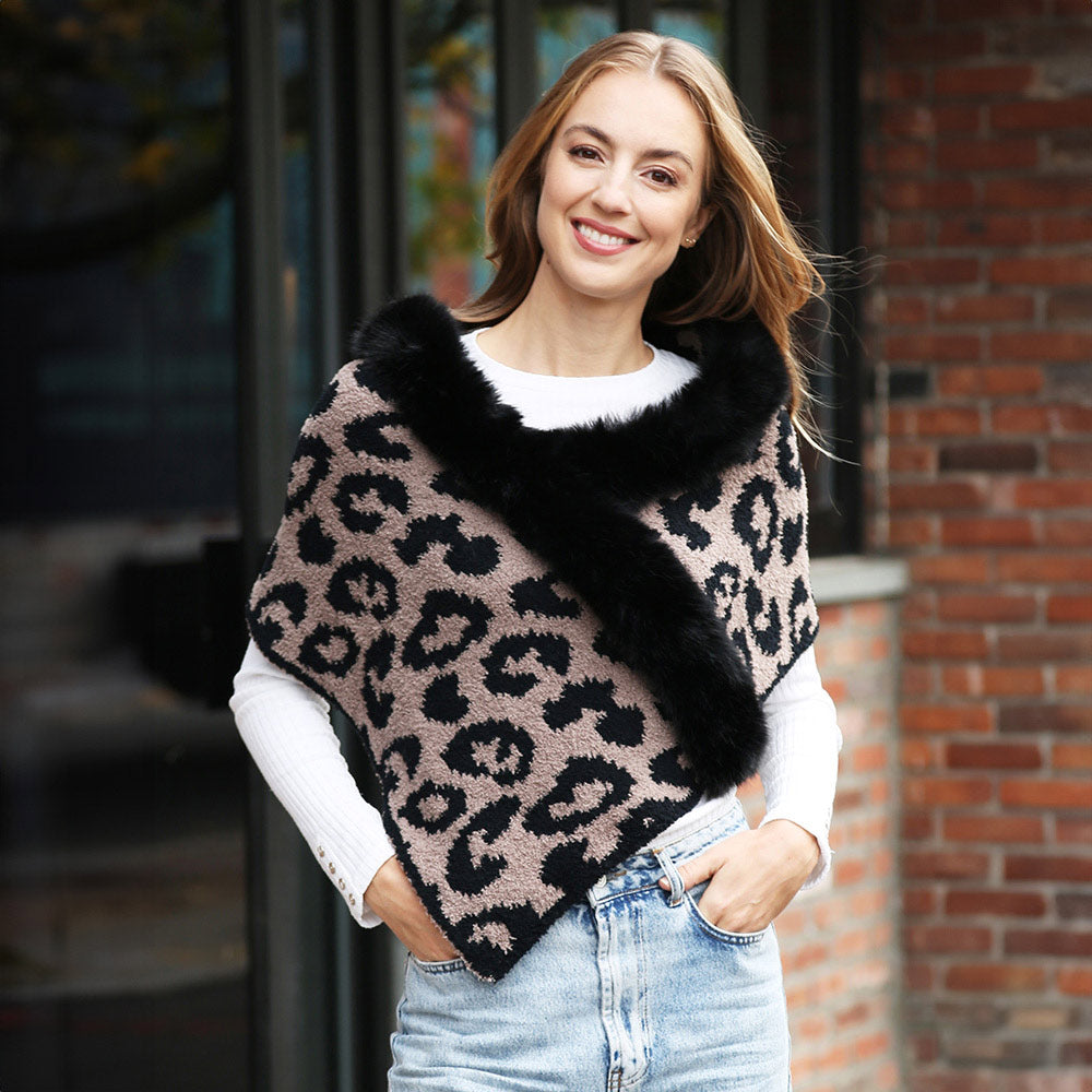 Faux Fur Trim Leopard Pattern Shawl Wrap