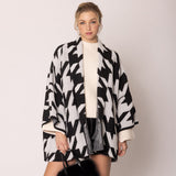 Open Front Houndstooth Knit Pattern Cardigan