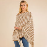 Fringe Hem Houndstooth Knit Poncho