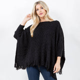 Boho Fringe Hem Crochet Knit Poncho
