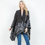 Open Front Baroque Floral Border Print Shawl Wrap Poncho with Loop