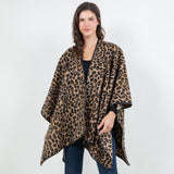 Open Front Leopard Pattern Wrap Poncho with Belt