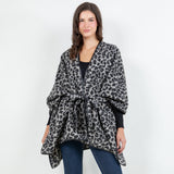 Open Front Leopard Pattern Wrap Poncho with Belt