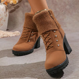 Knit Cuff Lace-Up Heeled Boots