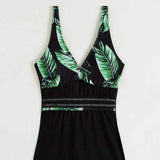 New Leaf Print Color Matching Boxers One-piece Swimsuit