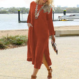 Spring Cotton Linen Oversize Women's Long Dress Black O-neck Pockets Side Split Loose Dresses Female Casual Ladies Clothes