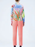 Women Pleated Print Long Sleeve Polo Shirt