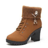 Knit Cuff Lace-Up Heeled Boots