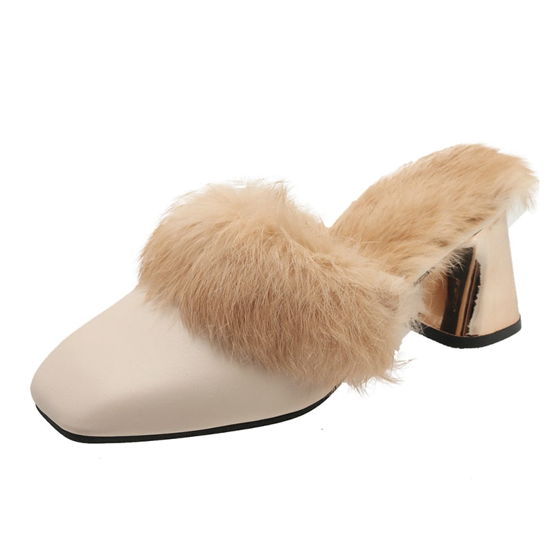 Faux Fur Mules Heels - AfterAmour