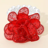 Bling Studded Fabric Flower Statement Faux Pearl Beaded Stretch Bracelet