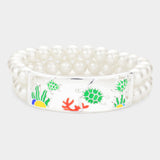 Enamel Turtle Coral Accented Double Layered Pearl Stretch Bracelet