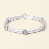 Stone Pave Disc Accent Hammered Metal Stretch Bracelet