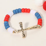 Hammered Metal Cross American USA Flag Colored Beads Beaded Stretch Bracelet