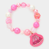 Barbie Pink Shell Charm Pearl Multi Beaded Stretch Bracelet