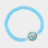 -E- Initial Monogram Turquoise Charm Faceted Beaded Stretch Bracelet