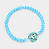 -F- Initial Monogram Turquoise Charm Faceted Beaded Stretch Bracelet