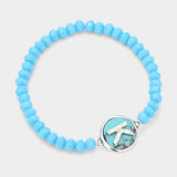 -K- Initial Monogram Turquoise Charm Faceted Beaded Stretch Bracelet