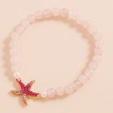 Stone Paved Colored Metal Starfish Faceted Beaded Stretch Bracelet