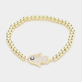 Brass Metal Ball CZ Hamsa Hand Enamel Evil Eye Charm Stretch Bracelet