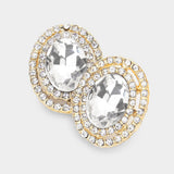 Rhinestone Trim Oval Stone Stud Evening Earrings