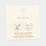 White Gold Dipped 8mm Cubic Zirconia Square Stud Earrings