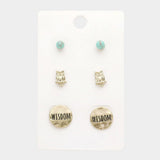 3Pairs - Turquoise Owl Wisdom Message Stud Earrings