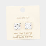 White Gold Dipped 9mm Cubic Zirconia Square Stud Earrings