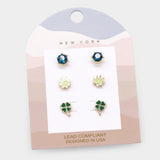 3Pairs - Round Stone Enamel Leaf Clover Stud Earrings