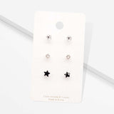 3Pairs - CZ Star Round Stud Earrings