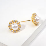 14K Gold Dipped Pearl Center CZ Halo Stud Earrings
